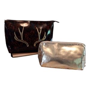 2 Piece Set Zip Closure Cosmetics Bags Gold Metallic Tortoise Shell Antlers
